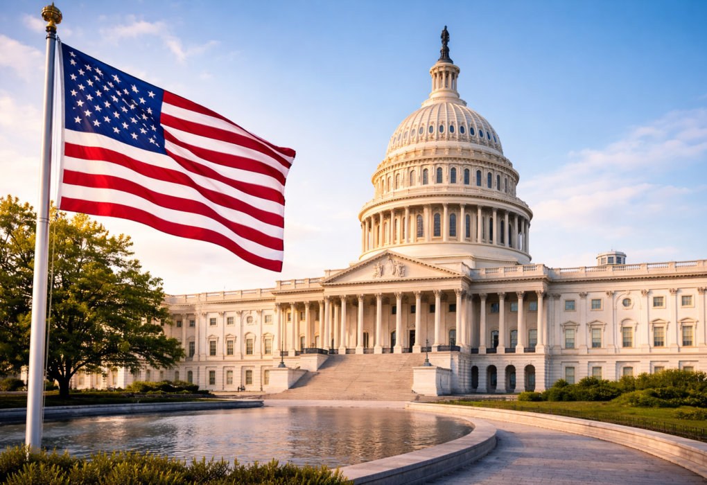 The U.S. Capitol building in Washington, D.C., representing national political and economic news